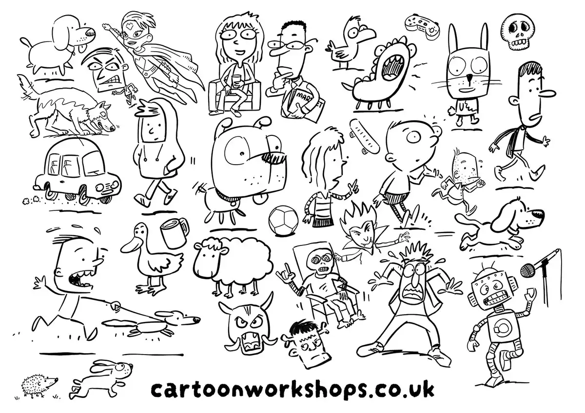 Cartoon worksheet linework characters Cartoon Workshops sample sheet